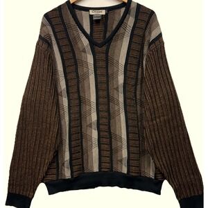 Vintage Chizani Canada V-Neck Textured Grandpa Sweater Men's L Brown Geometric